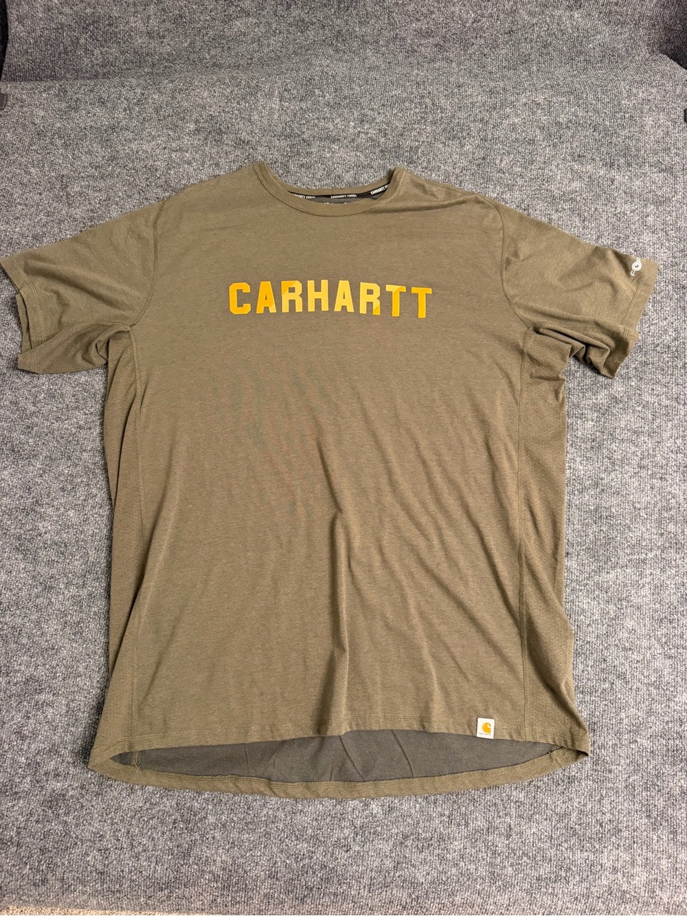 Carhartt Olive Green Short Sleeve Logo Tee with Yellow Chest Print